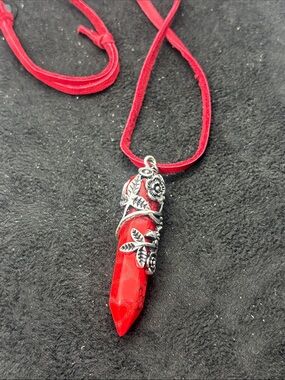 Hand Crafted Red Crystal Point Necklace with Silver Floral Wrap